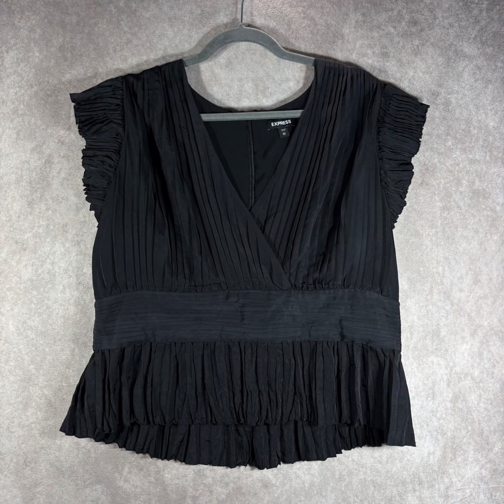 Express Blouse Womens XL Black Pleated Peplum V-Neck Sleeveless Ruffle Top Party